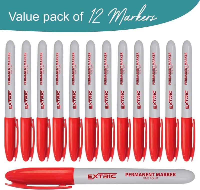 EXTRIC Permanent Markers Red, 12 Count Fine Point Markers, Quick Drying, Works on wood, Paper, Plastic, Metal and Glass, for Home, Office and School use - Image 2